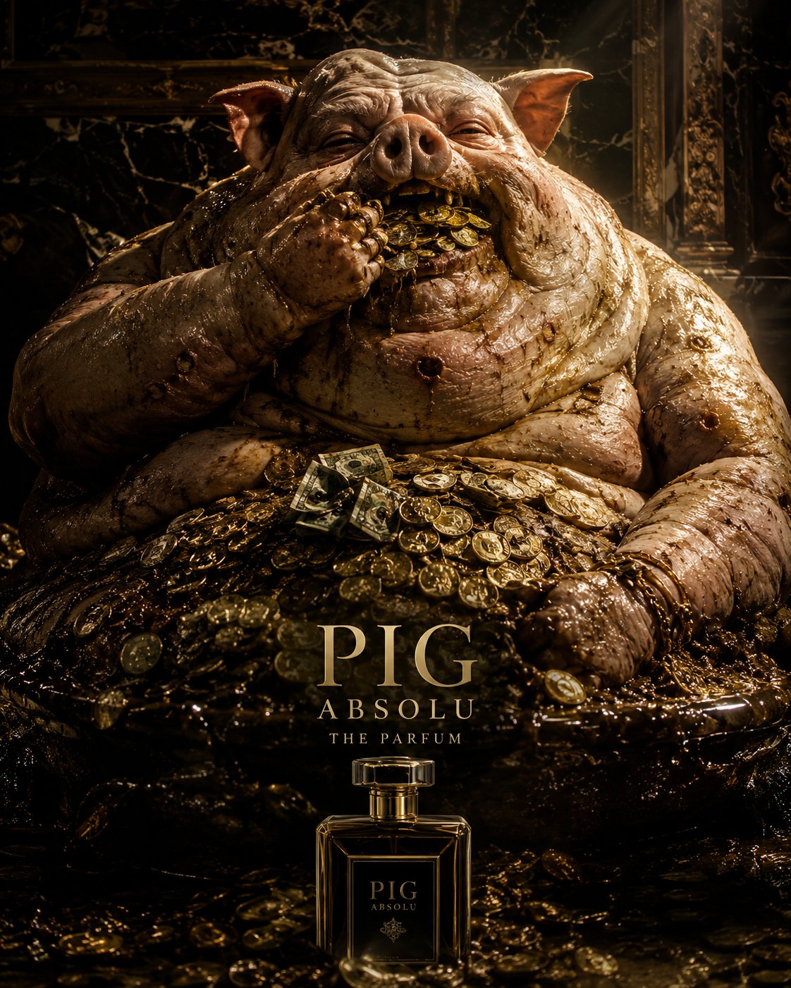 PIG ABSOLU — THE PARFUM: a colossal grotesque pig gorging on gold, lit like a luxury fragrance campaign — a black perfume bottle beside a monument to consumerism.